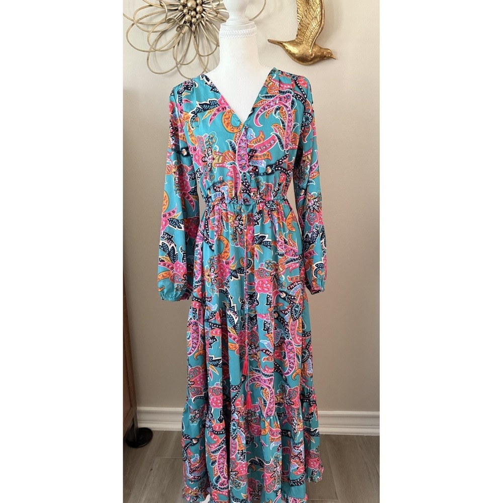 Boemo Boho Maxi Dress Paisley Floral Tassel Tie Waist Long Sleeve Size M